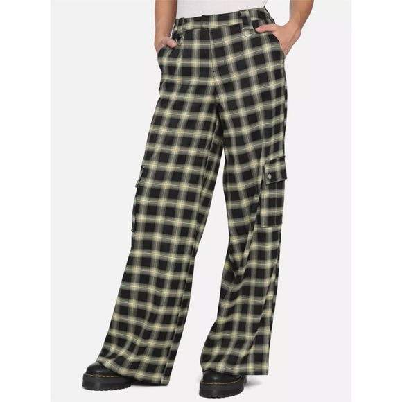Hot Topic Pants Womens Large Yellow Black Plaid Wide Leg Trousers Cargo Grunge - Picture 1 of 16
